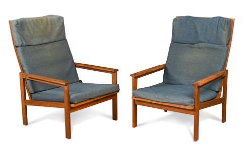 Lot 218 - Illum Wikkelso for Niels Eilersen, a pair of Danish teak Capella lounging chairs, 1960s