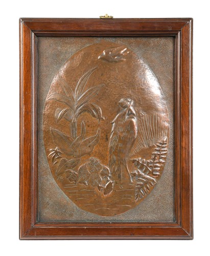 Lot 160 - An Arts & Crafts repoussé decorated copper panel