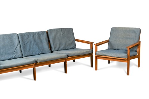 Lot 217 - Illum Wikkelso for Niels Eilersen, a Danish teak Capella sofa and matching armchair, 1960s