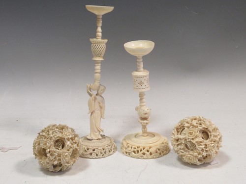 Lot 145 - Two Chinese carved ivory puzzle balls on stands