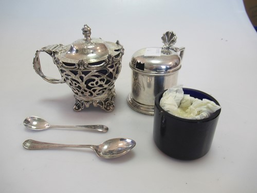Lot 262 - Two silver mustard pots and two spare blue...