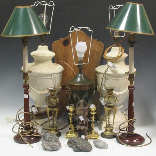 Lot 42 - Two pairs of table lamps, a toleware style...