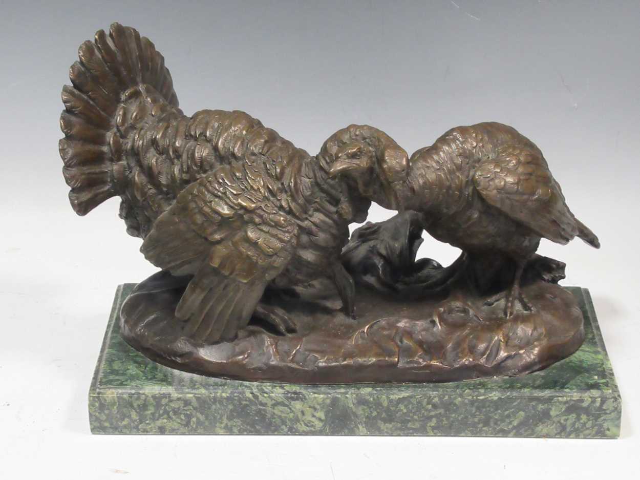 Lot 20 - A bronze brace of Turkeys, signed 'Bazan', on...