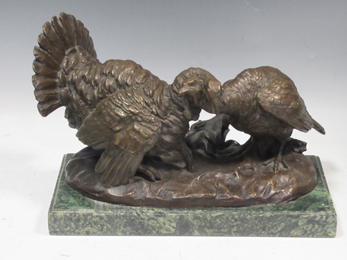 Lot 20 - A bronze brace of Turkeys, signed 'Bazan', on...