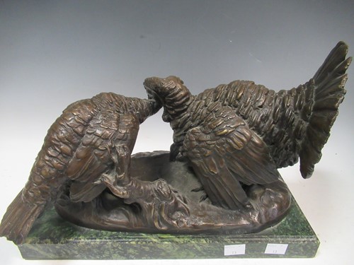 Lot 20 - A bronze brace of Turkeys, signed 'Bazan', on...