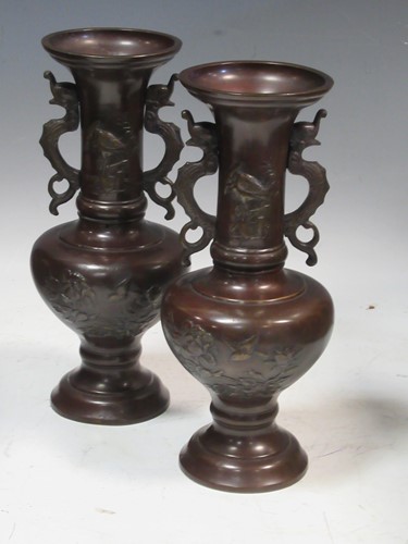 Lot 50 - A pair of Japanese Meiji bronze vases, 25cm high