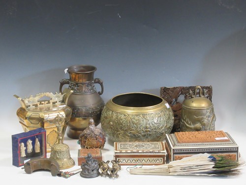 Lot 110 - An Eastern carved wood and mother of pearl box...