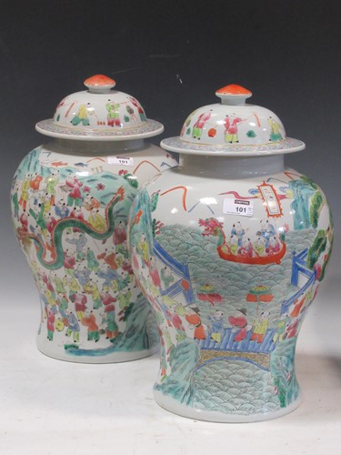 Lot 101 - A pair of Chinese modern famille verte vases...