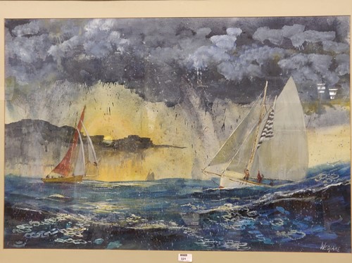 Lot 321 - 20th century watercolour, shortening the sail,...