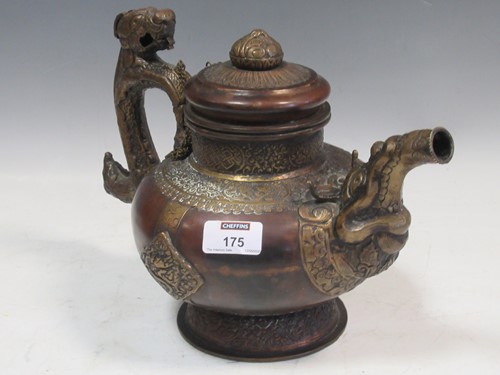 Lot 175 - An Eastern copper teapot with a mythical...