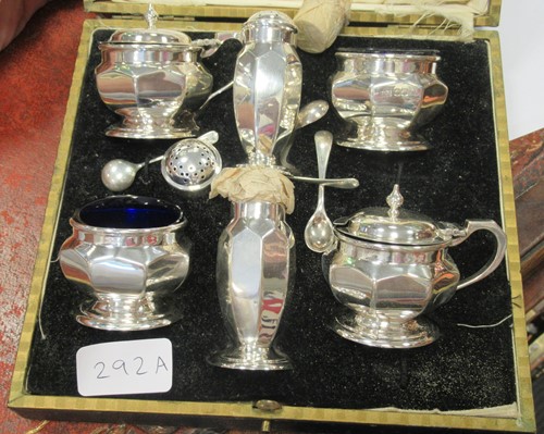 Lot 292A - A silver six piece condiment set of octagonal...