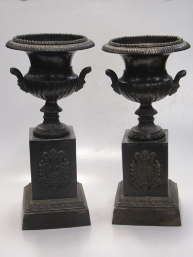 Lot 202 - A composed pair of bronze two-handled urns...
