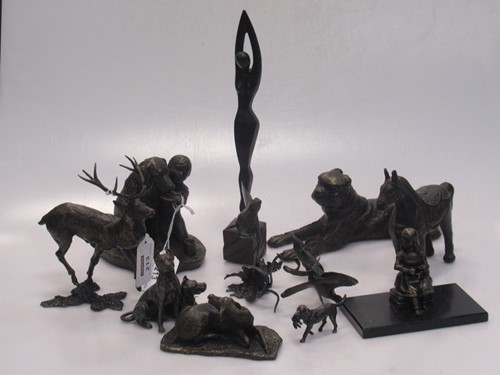 Lot 213 - A collection of bronzed models of animals, to...
