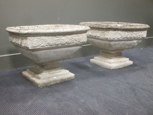 Lot 595 - A pair of square garden planters with floral...