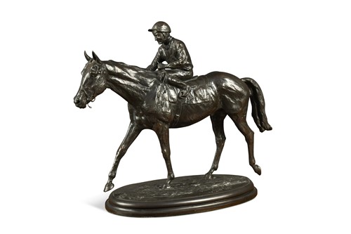 Lot 488 - Jean Clagett (American, contemporary), a bronze study of a racehorse with jockey up