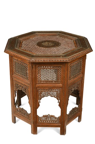 Lot 516 - A Hoshiapur pierced and brass-inlaid teak occasional table, circa 1880