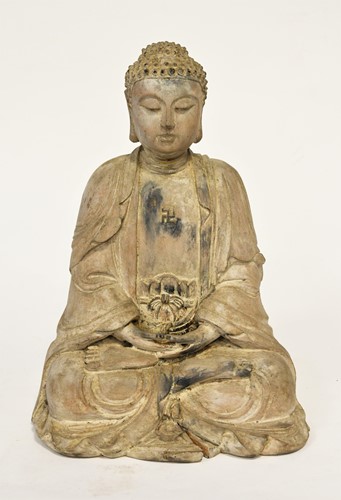 Lot 85 - A Chinese wooden figure of a seated meditating Buddha