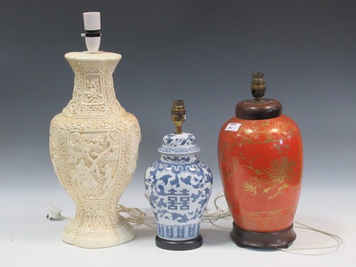 Lot 582 - Three Chinese style lamps of different design,...