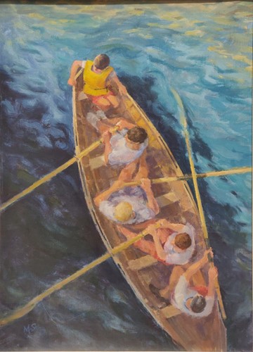 Lot 217 - Michael Stone (Modern British) Rowboating oil...