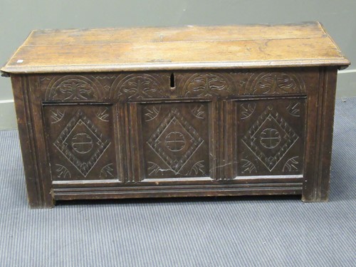 Lot 278 - A 19th century oak carved panelled coffer, 56...