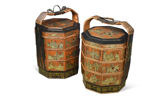 Lot 104 - A large pair of Chinese three-section food carriers, 20th century