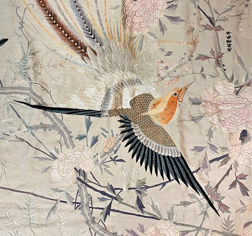 Lot 90 - A Chinese large silken thread embroidered bed cover, late 19th/early 20th century