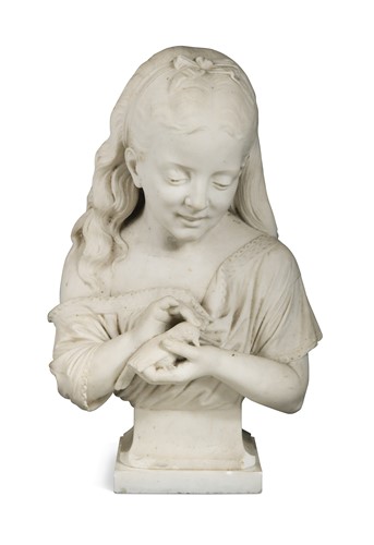 Lot 529 - After Auguste Joseph Peiffer, 19th century, a carved white marble bust of young girl cradling a bird