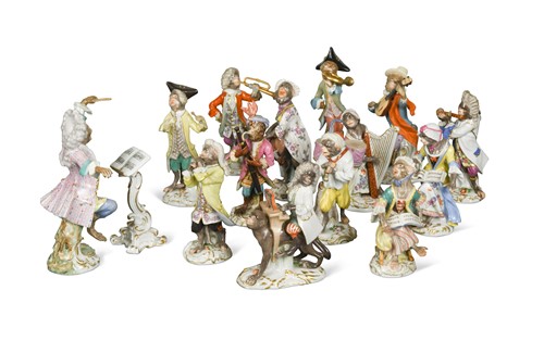 Lot 606 - A Meissen fifteen piece monkey band