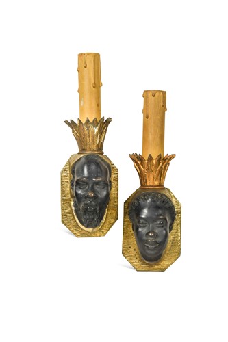 Lot 524 - A pair of bronze African head wall lights, 19th century