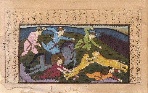 Lot 350 - Persian Miniature a tiger hunt, on paper with...