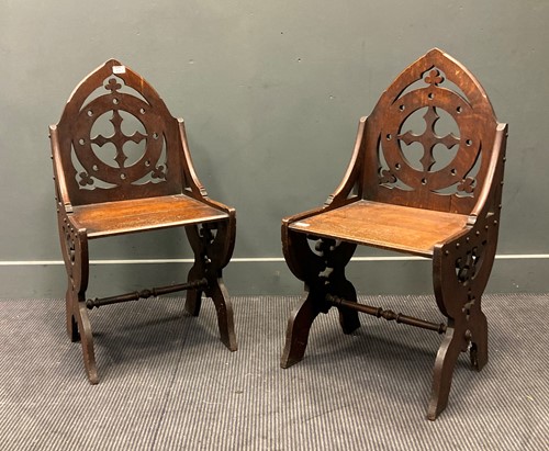 Lot 414 - A pair of 19th century Gothic oak chairs, the...