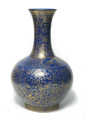 Lot 52 - A Chinese blue monochrome and gilt bottle vase, Qing Dynasty, 19th century
