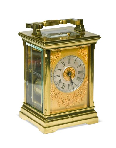 Lot 101 - A French lacquered brass repeating carriage...