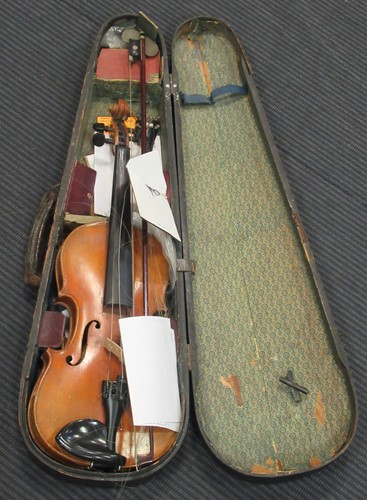 Lot 106 - A Continental violin, cased with bow a/f