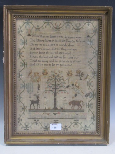 Lot 128 - An early 19th century sampler depicted Adam...
