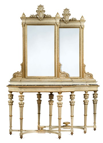 Lot 523 - A pair of Florentine white painted console tables with mirrors, late 19th century