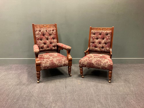 Lot 392 - A pair of Arts & Crafts his and hers carved...