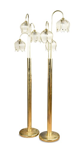 Lot 274 - A pair of brass three-branch tulip floor lamps, circa 1980