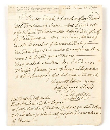 Lot 338 - COLLINSON (Peter, F.R.S.; 1694-1768) Letter to...