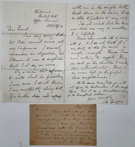 Lot 339 - SPURGEON (Rev Charles H; 1834-1892) Letter...