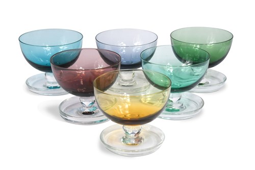 Lot 17 - Attributed to Saara Hopea for Nuutajarvi, a set of six coloured glass ice cream bowls, 1960s