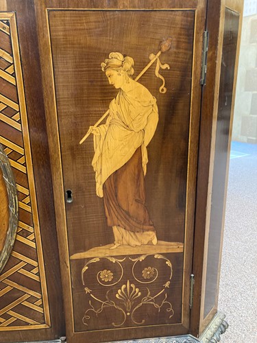 Lot 729 - A George III ormolu-mounted mahogany, amaranth, harewood and marquetry breakfront cabinet