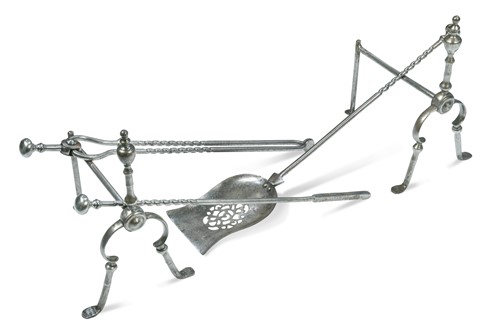 Lot 439 - A set of steel fire irons and dogs, 19th century