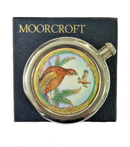 Lot 295 - An Elizabeth II silver 'Moorcroft Enamels' hip flask with enamel plaque