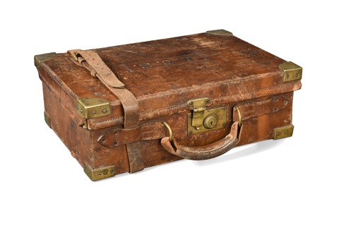 Lot 127 - A brass-bound leather cartridge magazine