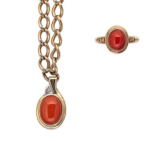 Lot 40 - A 9ct gold coral ring, together with a coral pendant and chain