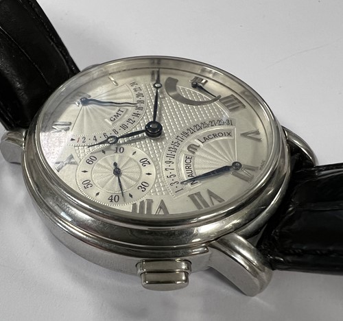 Lot 402 - Maurice Lacroix - A steel 'Masterpiece Double Retrograde GMT' wristwatch