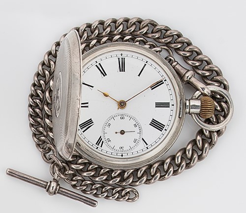 Lot 302 - Unsigned - A Swiss silver hunter pocket watch with earlier watch chain