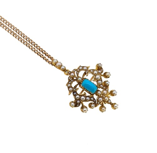Lot 50 - A turquoise and split pearl pendant/brooch and chain