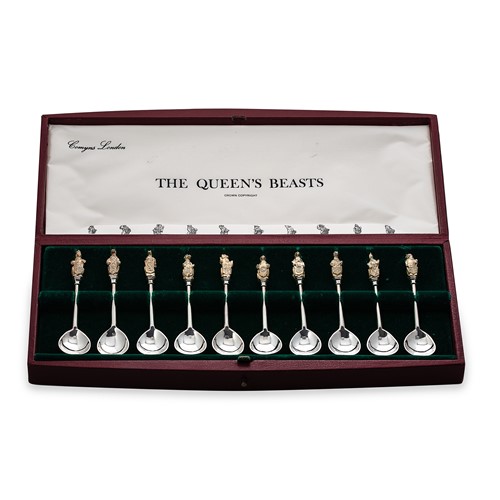 Lot 461 - 'The Queen's Beasts' - A set of ten Elizabeth II silver parcel gilt spoons